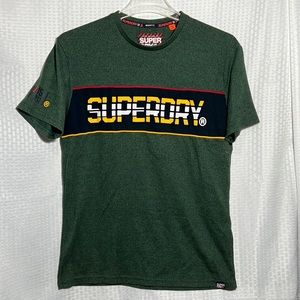 Superdry Green Short Sleeve Logo Tee with Navy, Yellow & Red Trim